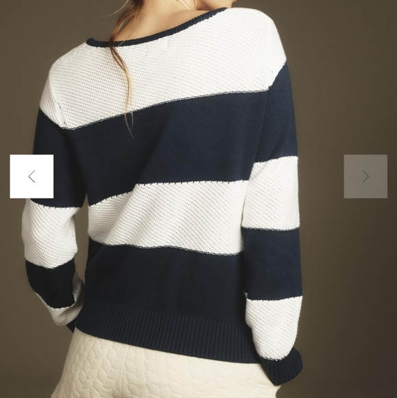 Sundry La mer navy & white striped crewneck embroidered sweater M - Picture 4 of 15